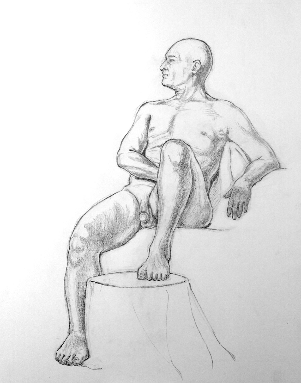 Man, seated, foreshortened.